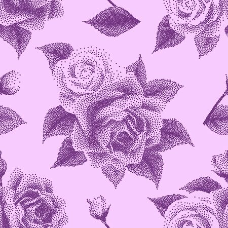 Seamless pattern with dotted roses. Floral background in dotwork style. Pointillism. Vector illustrationのイラスト素材