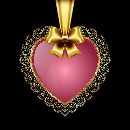 Heart-shaped golden frame with lace border and silk bow. Valentines Day greeting card. Vector illustrationのイラスト素材