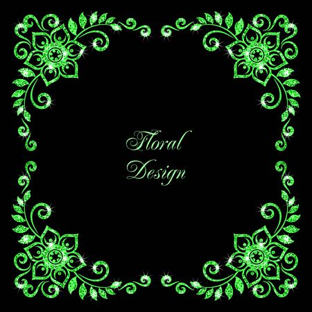 Stylized floral ornament made of green shiny confetti. Vector illustrationのイラスト素材