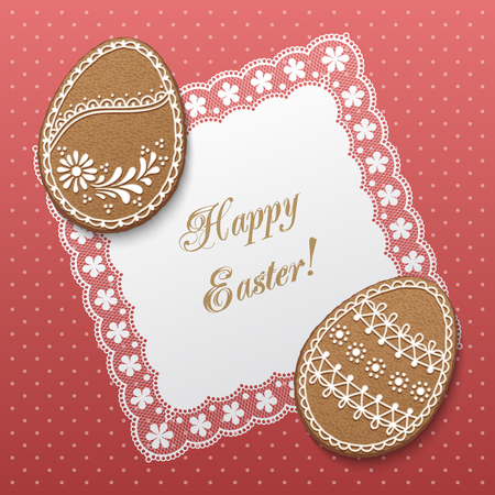 Happy Easter greeting card with polka dot background, lacy doily and egg-shaped gingerbread cookies. Vector Illustrationのイラスト素材