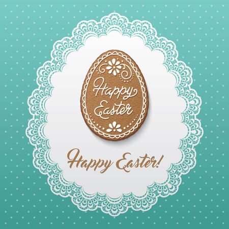 Happy Easter greeting card with polka dot , lacy doily and egg-shaped gingerbread cookies. Vector Illustrationのイラスト素材
