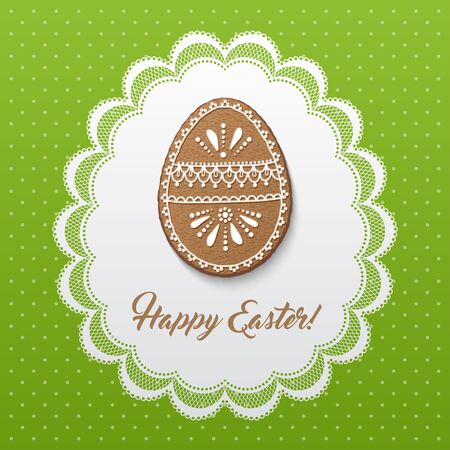Happy Easter greeting card with polka dot background, lacy doily and egg-shaped gingerbread cookies. Vector Illustrationのイラスト素材
