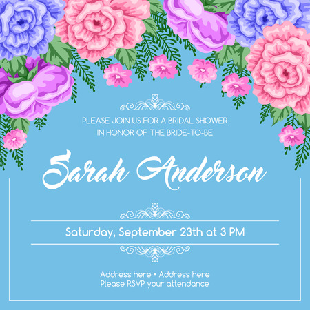 Bridal shower invitation template with flowers. Vector Illustration in retro styleのイラスト素材
