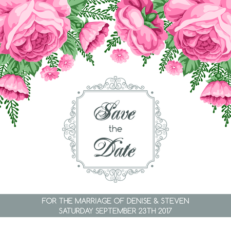 Save the Date card template with flowers. Vector Illustration in retro styleのイラスト素材