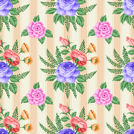 Seamless pattern with roses and flowers. Vector Illustration in retro styleのイラスト素材