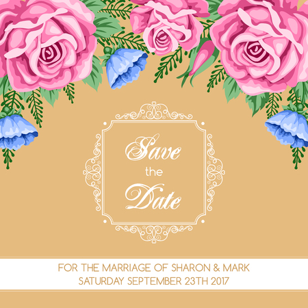 Save the Date card template with flowers. Vector Illustration in retro styleのイラスト素材