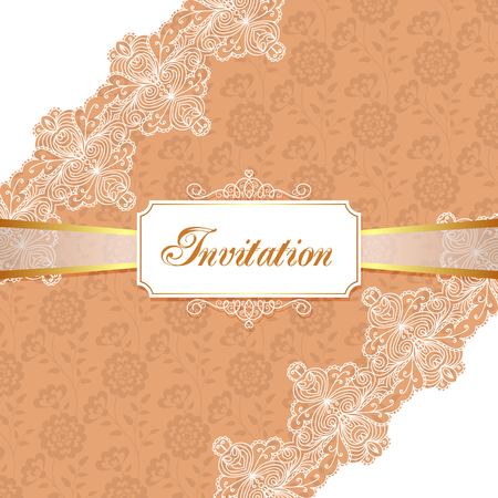 Elegant vintage wedding or birthday invitation template with lace corners. Vector Illustration.のイラスト素材