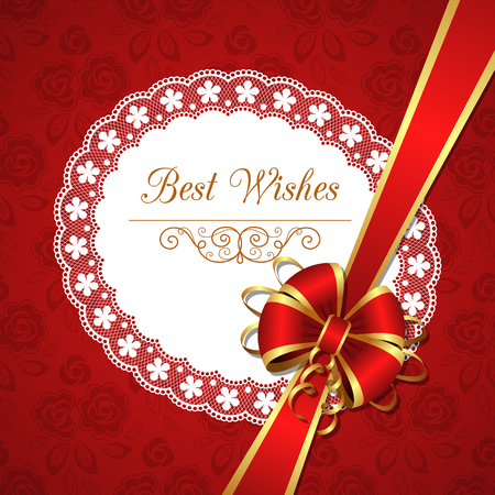 Greeting card template with silk bow and lace doily. Vector Illustrationのイラスト素材