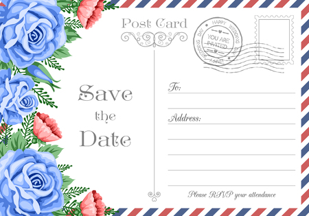 Vektor für Vintage postcard wedding invitation template with flowers. Save the Date card. Vector Illustration - Lizenzfreies Bild