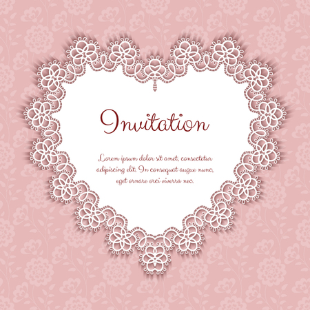 Elegant invitation or greeting card template with lace heart shaped frame. Vector Illustrationのイラスト素材