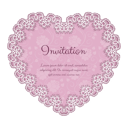 Elegant invitation or greeting card template with lace heart shaped frame. Vector Illustrationのイラスト素材