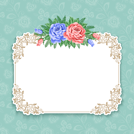 Invitation or greeting card template with roses in retro style. Vector Illustrationのイラスト素材