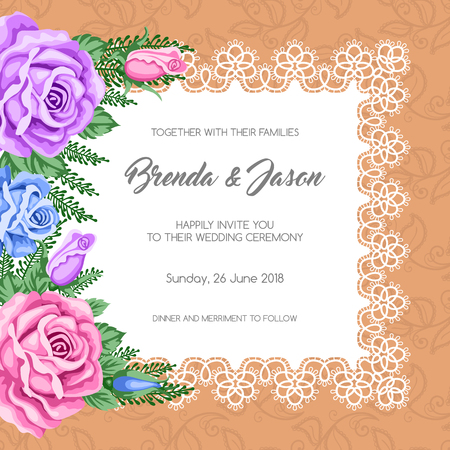Wedding invitation template with flowers. Vector Illustration in retro styleのイラスト素材