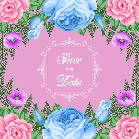 Save the Date card template with flowers. Vector Illustration in retro styleのイラスト素材