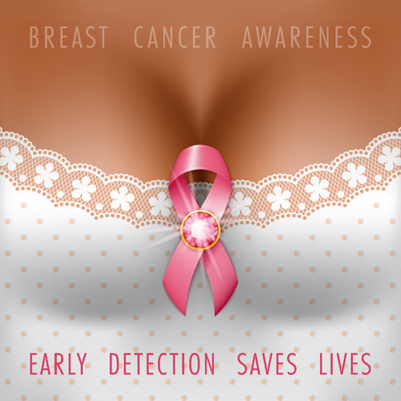 Breast cancer awareness month. Silk pink ribbon on the female bust. Vector Illustrationのイラスト素材