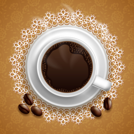 A cup of black coffee with coffee beans on lace doily. Vector Illustrationのイラスト素材