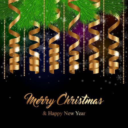 Christmas greeting card with golden serpentine ribbons. Vector Illustrationのイラスト素材