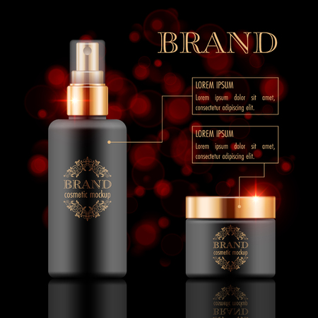 Set of cosmetic products on black background. Packaging template. Vector illustrationのイラスト素材