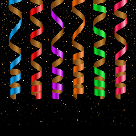 Holiday serpentine ribbons set on black background. Vector illustrationのイラスト素材