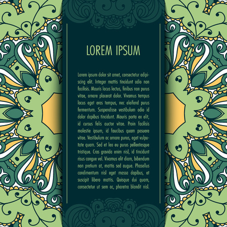 Greeting card or Invitation template with ethnic mandala ornament. Hand drawn vector illustrationのイラスト素材