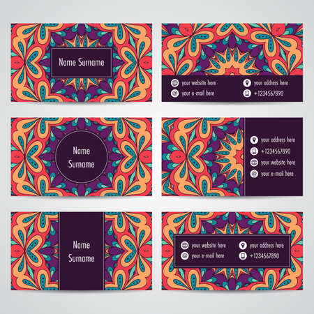 Set of business cards with floral mandala ornaments. Vector illustrationのイラスト素材