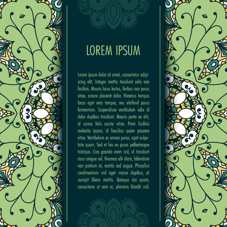 Greeting card or Invitation template with ethnic mandala ornament. Hand drawn vector illustrationのイラスト素材