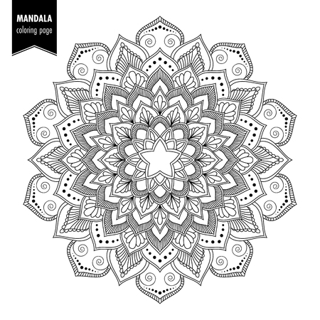 Monochrome ethnic mandala design. Anti-stress coloring page for adults. Hand drawn vector illustrationのイラスト素材