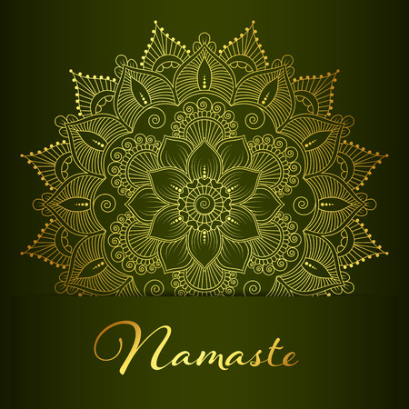 Flyer or brochure template with golden mandala pattern. Yoga classes banner. Hand drawn vector illustrationのイラスト素材