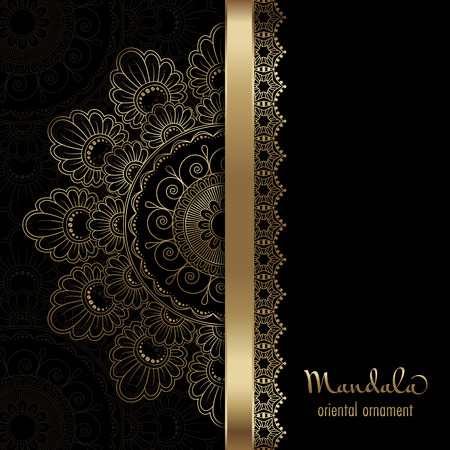 Golden vintage greeting card on a black background. Ethnic mandala pattern. Hand drawn vector illustrationのイラスト素材