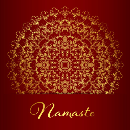 Flyer or brochure template with golden mandala pattern. Yoga classes banner. Hand drawn vector illustrationのイラスト素材
