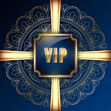 Elegant VIP invitation card with golden ribbons and ethnic mandala ornament. Vector Illustrationのイラスト素材