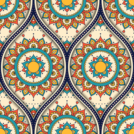 Seamless pattern with ethnic mandala ornament. Hand drawn vector illustrationのイラスト素材