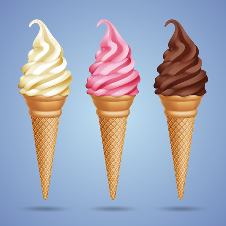 Set of realistic ice cream in cones on blue background.のイラスト素材