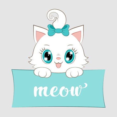 Cute cartoon white kitten with hand drawn lettering. Vector Illustrationのイラスト素材