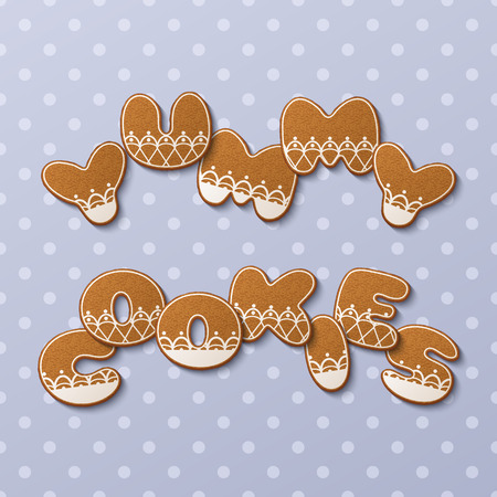 Yummy cookies inscription made of gingerbread cookies with icing on polka dot background. Vector Illustrationのイラスト素材