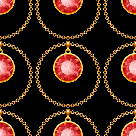 Seamless pattern with golden chains and gemstones on black background. Vector Illustrationのイラスト素材