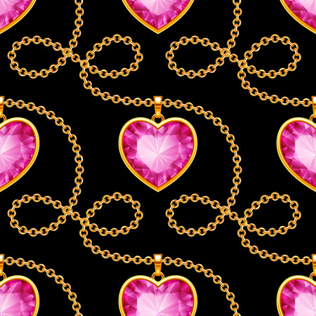 Seamless pattern with golden chains and gemstones on black background. Vector Illustrationのイラスト素材