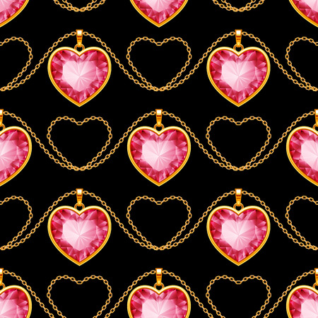 Seamless pattern with golden chains and gemstones on black background. Vector Illustrationのイラスト素材