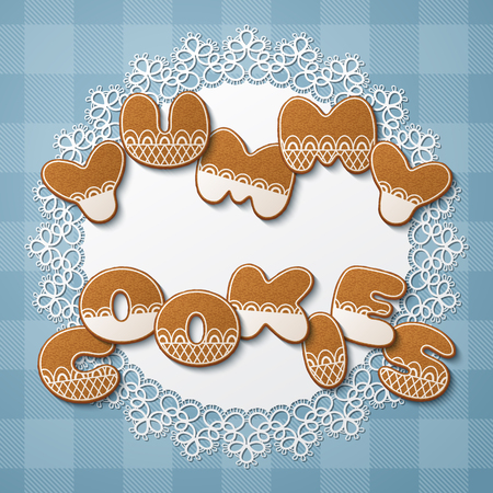 Yummy cookies inscription made of gingerbread cookies with icing on lace doily. Vector Illustrationのイラスト素材
