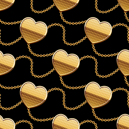 Seamless pattern with golden chains and pendants on black background. Vector Illustrationのイラスト素材