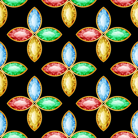Seamless pattern with golden chains and gemstones on black background. Vector Illustrationのイラスト素材