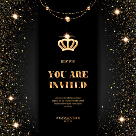 VIP invitation template with golden crown, confetti and sparkling beads on black backgroundのイラスト素材