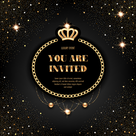 VIP invitation template with golden crown, chain frame and sparkling beads on black backgroundのイラスト素材