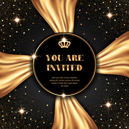 VIP invitation template with golden crown and smooth fabric on black backgroundのイラスト素材