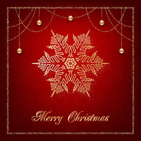 Illustration of christmas greeting card or invitation with decorative snowflake, golden beads and confetti on red backgroundのイラスト素材