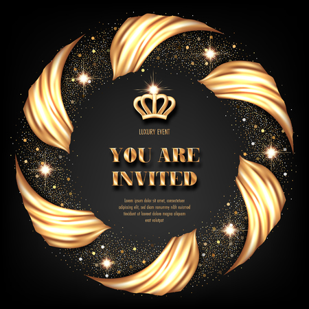 VIP invitation template with golden crown and smooth fabric on black backgroundのイラスト素材