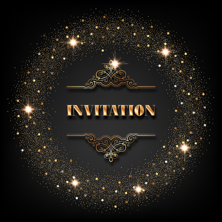 VIP invitation template with golden crown and sparkling confetti on black backgroundのイラスト素材