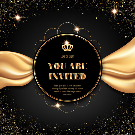 VIP invitation template with golden crown and smooth fabric on black backgroundのイラスト素材