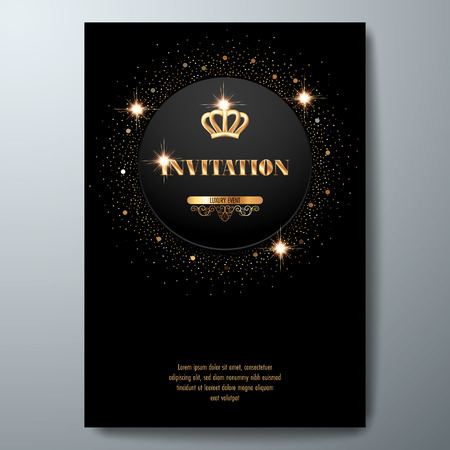 VIP invitation template with golden crown and sparkling confetti on black backgroundのイラスト素材