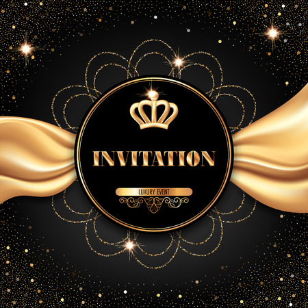 VIP invitation template with golden crown and smooth fabric on black backgroundのイラスト素材